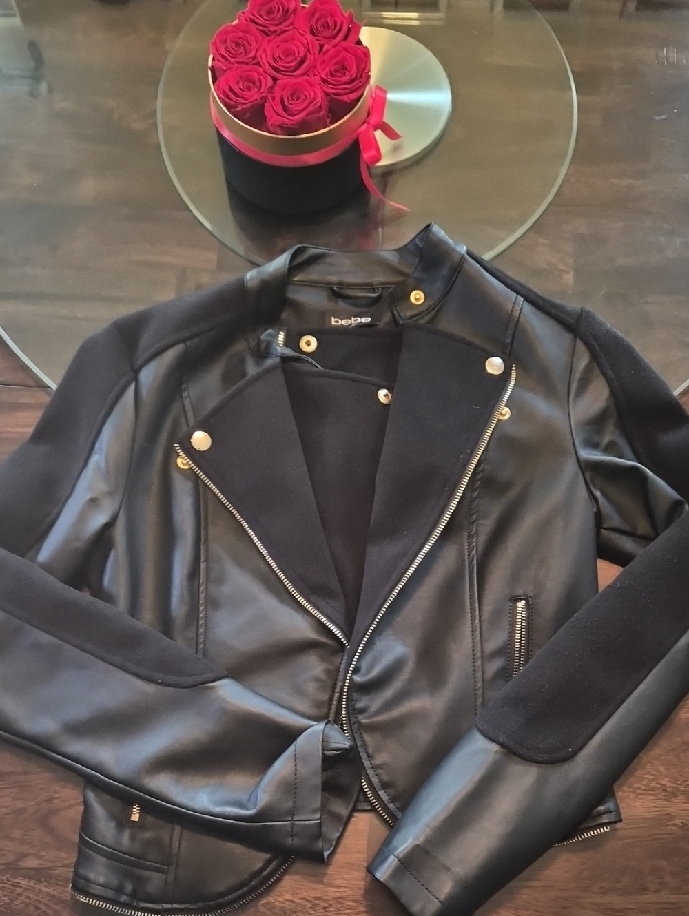 bebe Black Faux Leather & Knit Moto Jacket with Gold Hardware